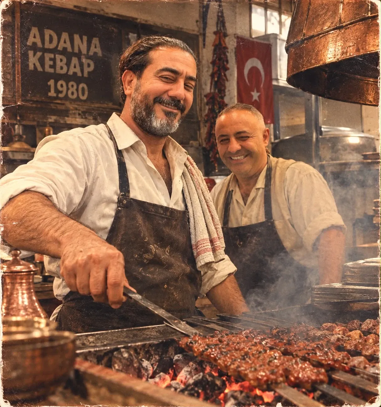 Fellah Kebap masters at the ember grill, turning skewers of hand-minced kebab